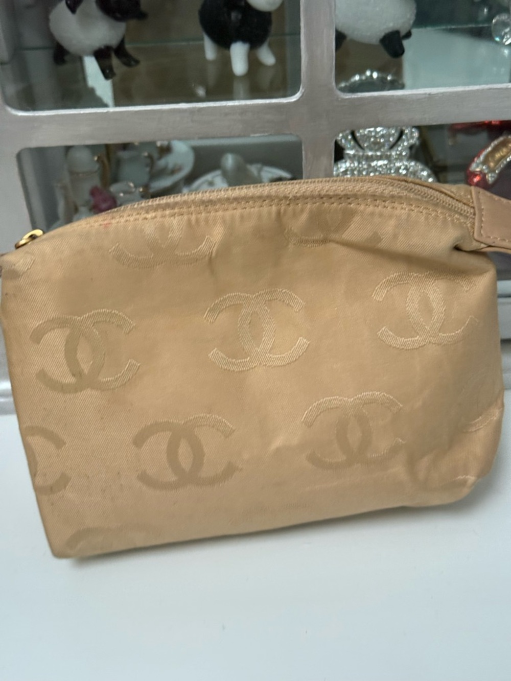 CHANEL Gold-Beige Nylon CC Logo Cosmetic Pouch - Picture 2 of 16